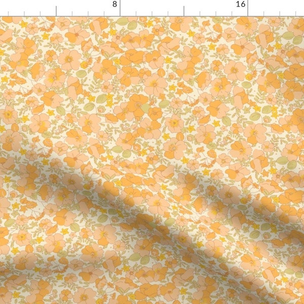 70s Fabric - Floral Illustrated 70s Vintage - Sunny By Morecandyshop - 70s Flower Power Retro Cotton Fabric By The Yard With Spoonflower