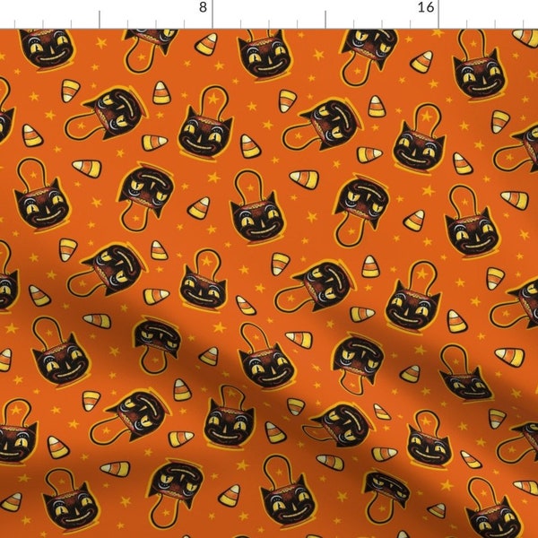 Vintage Halloween Fabric - Trick Or Treat Black Cat By Johannaparkerdesign - Candy Halloween Cotton Fabric By The Yard With Spoonflower