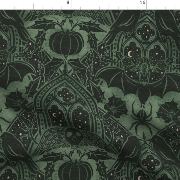 Halloween Damask Fabric - Gothic Halloween by byre_wilde - Moss Green Night Raven Autumn Gothic Damask Fabric by the Yard by Spoonflower