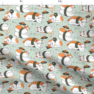 Kawaii Sushi Cat Fabric - Kawaii Neko Sushi By Elena Naylor - Kawaii Sushi Kitty Cute Cat Japan Cotton Fabric By The Yard With Spoonflower