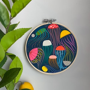 Ocean Embroidery Template on Cotton - Jar of Jellyfish By katerhees - Sea Life Embroidery Pattern for 6" Hoop Custom Printed by Spoonflower