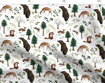 May include: A white background with a repeating pattern of woodland animals, including bears, deer, foxes, and rabbits. The animals are drawn in a watercolor style with green trees and leaves.