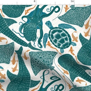 Ocean Animals Fabric - Whale Shark By Denesannadesign - Eagle Ray Turtle Octopus Fish Aqua Orange Cotton Fabric By The Yard With Spoonflower