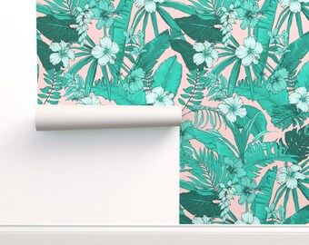 Tropical Wallpaper - Miami Beach / Aqua Peach By Shopcabin - Botanical Spoonflower Custom Printed Removable Self Adhesive Wallpaper Roll