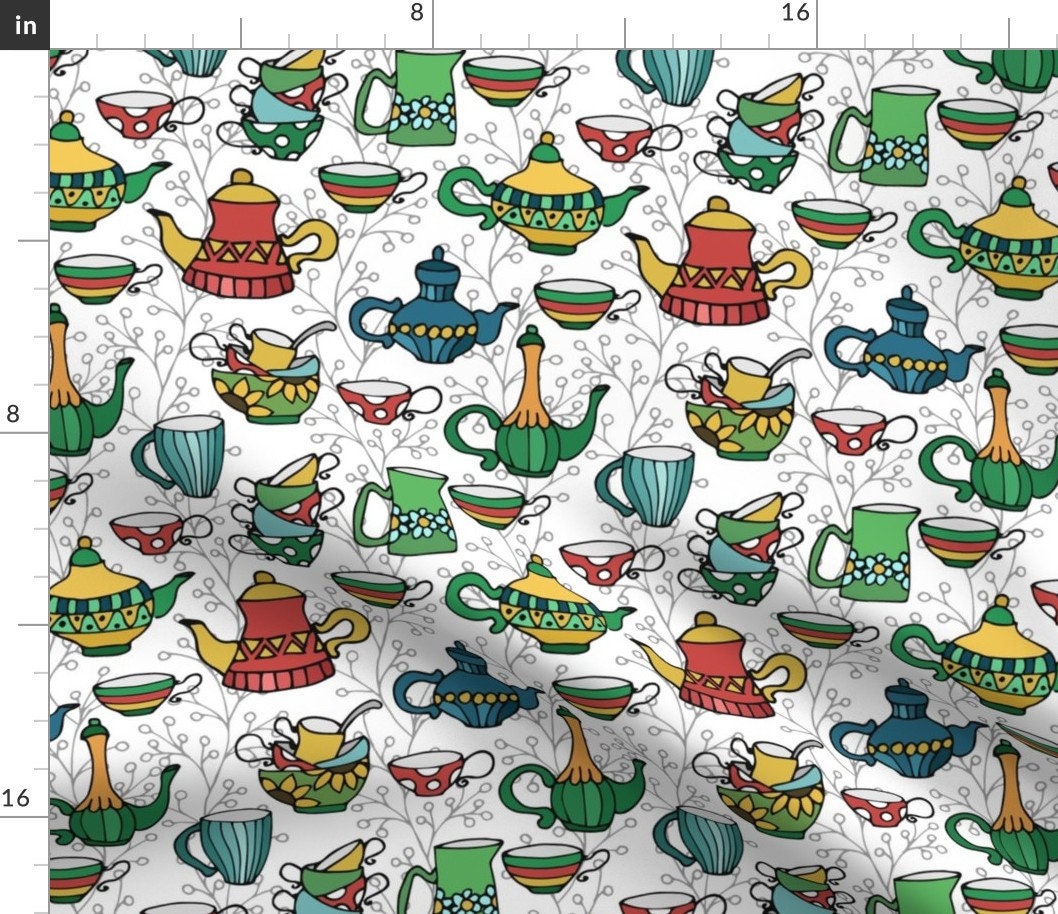 Colorful Teacups Fabric Tea By Juliabadeeva Vintage Etsy