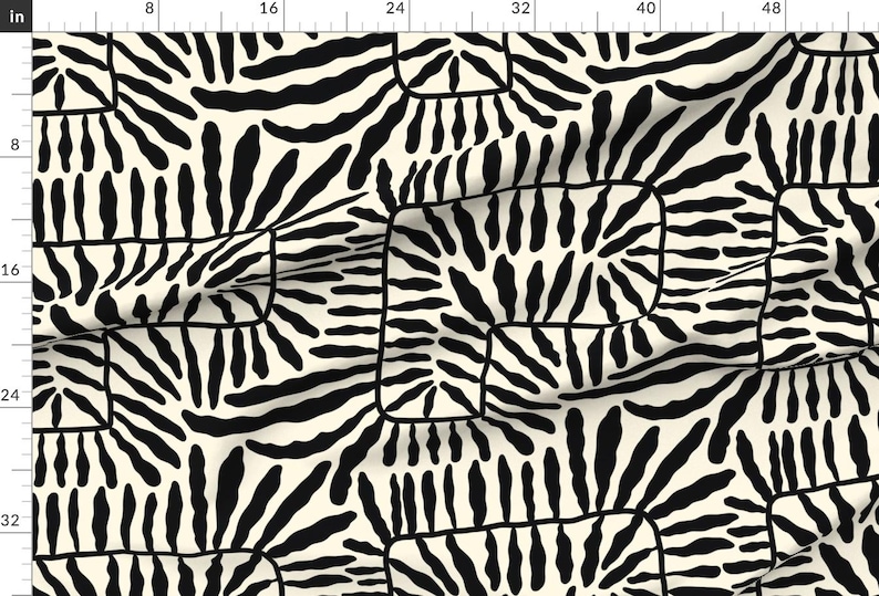 Tessuto per tappezzeria moderno con motivo botanico - Foglia astratta nera di eti_enne - Tessuto geometrico con foglia nera, crema e avorio tagliato su misura con Spoonflower immagine 3
