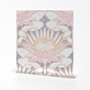 Art Deco Wallpaper - Pink King Protea Art Deco 24” By Helenpdesigns - Custom Printed Removable Self Adhesive Wallpaper Roll by Spoonflower