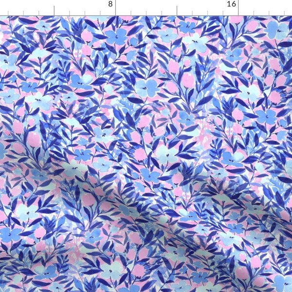 Blue Pink Floral Watercolor Flowers Fabric - Nonchalant Blue By Mjmstudio - Watercolor Floral Cotton Fabric By The Yard With Spoonflower