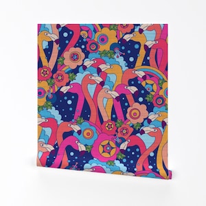 1960s Wallpaper - For The Love Of Flamingo By Meliszawang - Bright Pink Blue Tropical Removable Self Adhesive Wallpaper Roll by Spoonflower