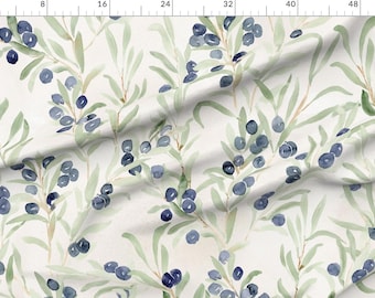 Tecido de cetim extra largo em aquarela com estampa botânica de árvores e folhas, estilo mediterrâneo rústico, vendido por metro. Modelo: Italian Villa Olive, da marca krystinmann.