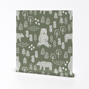 Woodland Wallpaper - Bear Nursery Cute By Andrea Lauren - Green White Custom Printed Removable Self Adhesive Wallpaper Roll by Spoonflower