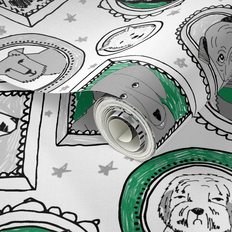 Hondenbehang - Hondenportretten van Andrea Lauren - Groenwitte honden op maat bedrukte verwijderbare zelfklevende behangrol van Spoonflower afbeelding 3