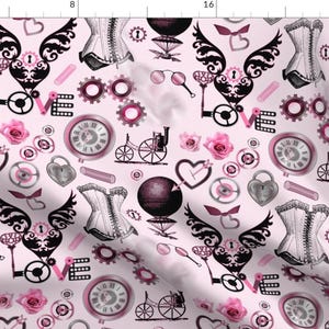 Steampunk Fabric - Steampunk Romance By Vannina - Steampunk Pink Gears Clockwork Heart Cotton Fabric By The Yard With Spoonflower