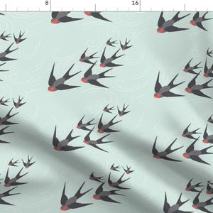 Blue Birds Fabric - Diving Swallows In Mint By Runningriverdesign - Spring Abstract Birds Cotton Fabric By The Yard With Spoonflower