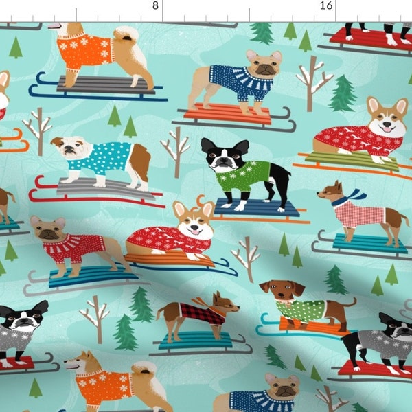 Dog Fabric - Snow Day Dogs Winter Sledding Dogs By Petfriendly - Dogs Cotton Fabric By The Yard With Spoonflower