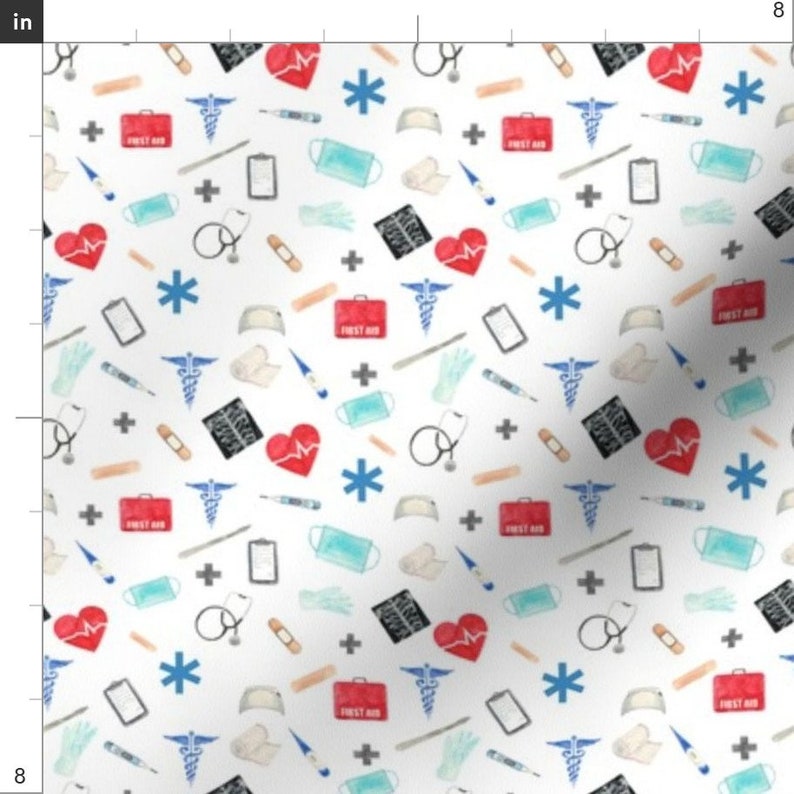 Medical Print Fabric Small Love Care Red Blue White by Etsy