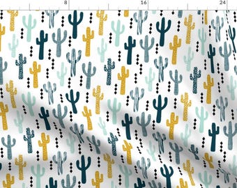 May include: A white background with a repeating pattern of blue, yellow, and green cactus silhouettes. The cactus silhouettes are stylized and have different textures.