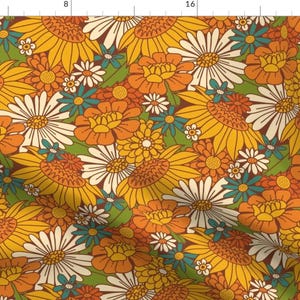 Retro Sunflower Fabric - 70s Retro Floral by latheandquill - Groovy Daisies 1970s Hippie Green Orange Boho Fabric by the Yard by Spoonflower