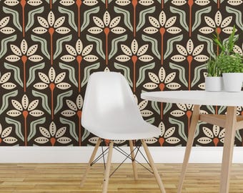 Brown Peel and Stick Wallpaper - Flower Vintage Teal Floral Retro Geometric - Removable Wall Decor Art - Vintage Retro Floral by khakifinch