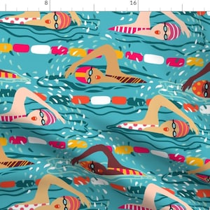 Swimmers Blue Pool Lanes Fabric - Freestyle Swimming Ladies // Blue By Miraparadies - Swim Cotton Fabric By The Yard With Spoonflower