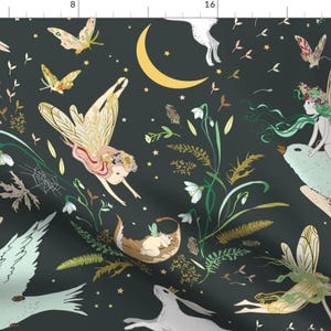 Fairies and Animals Fabric - Enchanted Fairies Large Pine By Nouveau Bohemian- Birds Rabbit Wings Cotton Fabric By The Yard With Spoonflower