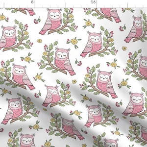 Owl Fabric - Dreamy Owl On A Branch With Flowers,Berries And Leaves On White By Caja Design - Owl Cotton Fabric By The Yard With Spoonflower