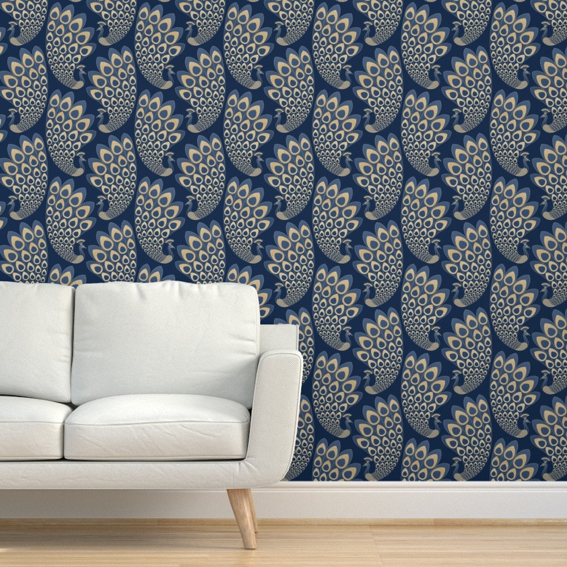 Art Deco Wallpaper Blue And Gold Art Deco Peacock By Marketa Etsy