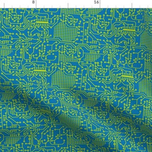 May include: A teal fabric with a repeating pattern of neon green circuit board designs. The design includes lines, squares, and circles, creating a tech-inspired aesthetic. The fabric is suitable for various DIY projects.