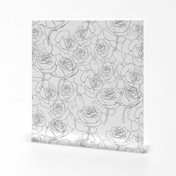 Modern Rose Wallpaper - White Roses By Jayhutch - Black And White Rose Custom Printed Removable Self Adhesive Wallpaper Roll by Spoonflower
