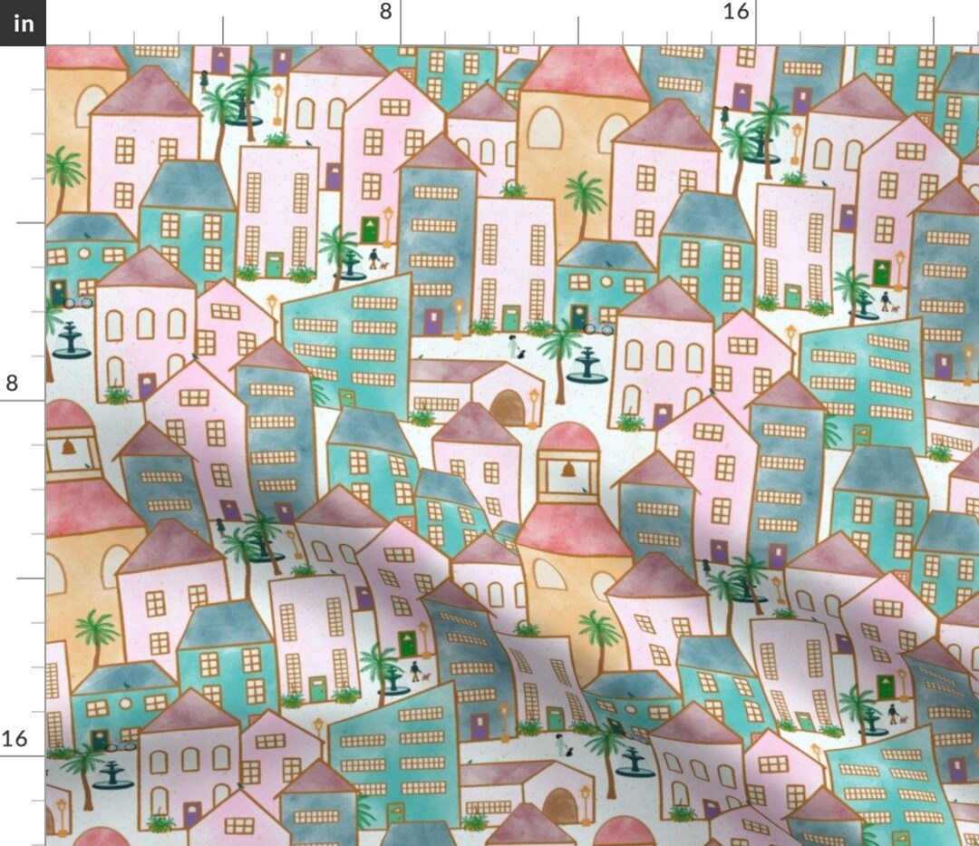 Cityscape Fabric Summer City by Marjorie_howe Pastels Etsy