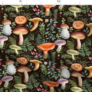 Black Mushrooms Fabric - Mushrooms Mix By Renny Studio - Black Green Orange Fungus Forest Nature Cotton Fabric By The Yard With Spoonflower