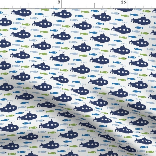 Under The Water Fabric - Blue Submarine By Kaicopenhagen - Underwater Submarine Fish Boat Ocean Cotton Fabric By The Yard With Spoonflower