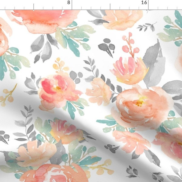 Floral Fabric - 21" Coral Grey And Mint Florals - White By Shopcabin - Watercolor Flowers Nursery Cotton Fabric By The Yard With Spoonflower