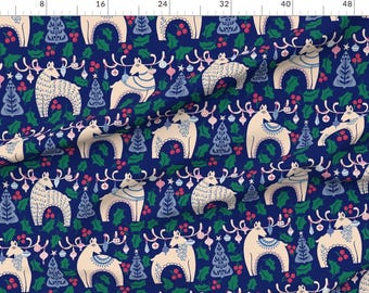Christmas Extra Wide Sateen Fabric Holiday Scandi Ornaments Retro Vintage Fabric By The Yard Nordic Woodland Deer Blue by design_dannick