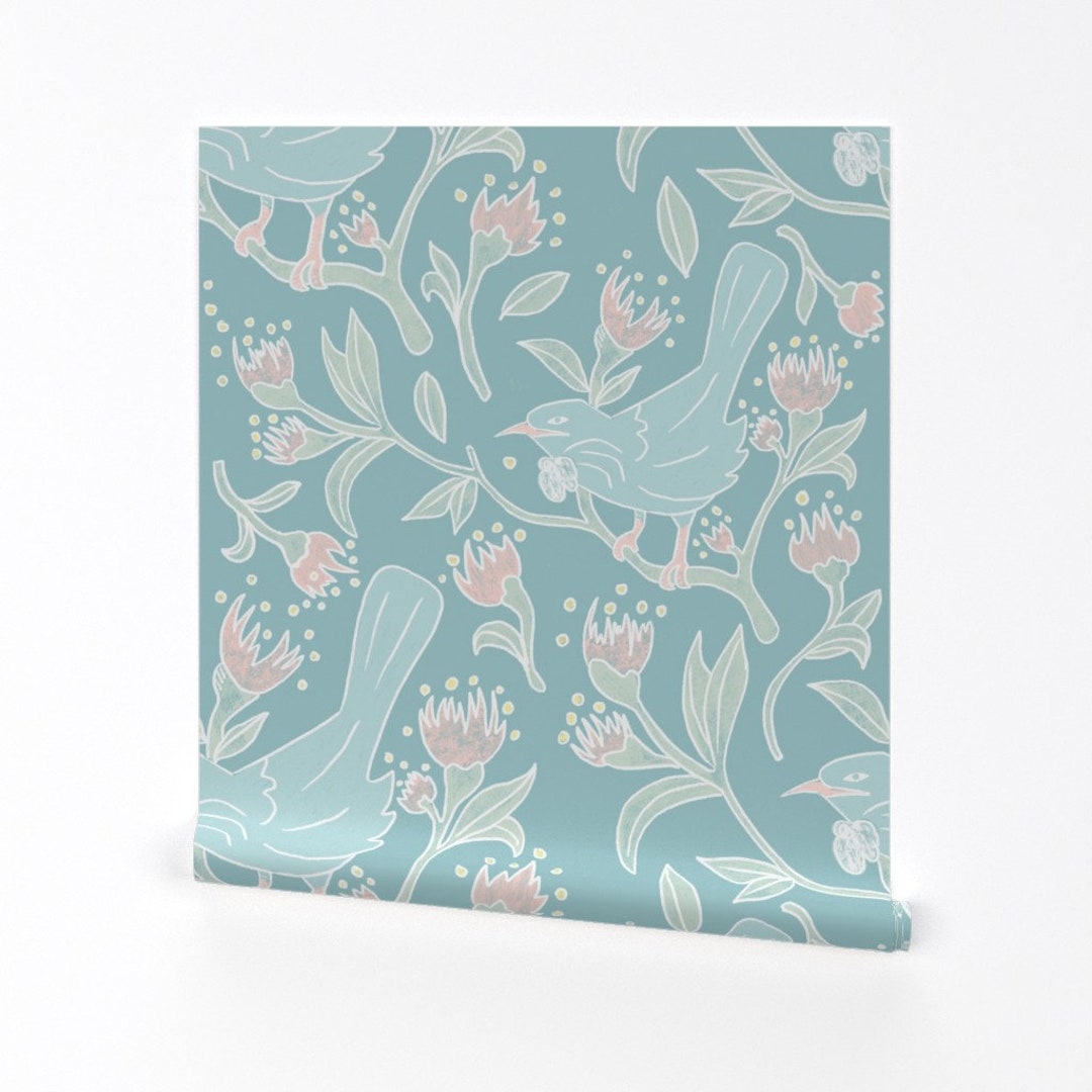 Tui Bird Wallpaper Tui Bird in Soft Blue by Bekabeesews - Etsy