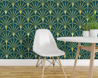 Art Deco Wallpaper - Art Deco Emerald Green Thin Gold Fans By Danadudesign - 1920s Removable Self Adhesive Wallpaper Roll by Spoonflower