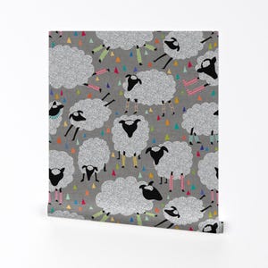 Sheep Wallpaper -Sheepishly She Knits Yarn Leggings By Vo Aka Virginiao-Custom Printed Removable Self Adhesive Wallpaper Roll by Spoonflower