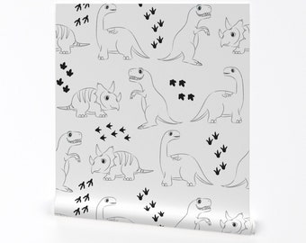 Dino Wallpaper - Dinosaur Monochrome By Winniepeach - Minimal Coloring Wall Kids White Removable Self Adhesive Wallpaper Roll by Spoonflower