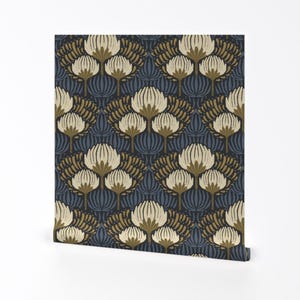 Abnehmbare Tapete im Art Deco Stil - Creme Gold Blau Groß - Wand Kunst Wand Dekor - 1920er Jahre Luxe Floral by nancy_bradham