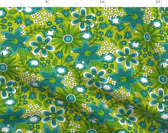 Green & Blue Daisies 1960s Flower Fabric - Peace, Love And Flowers By Robyriker - St Patrick Cotton Fabric By The Yard With Spoonflower