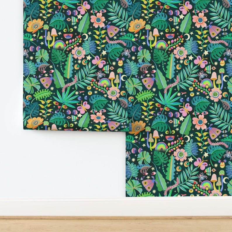 Whimsical Peel and Stick Wallpaper - Illustrative Floral Trippy Psychedelic - Removable Wall Decor Art - Monsteras And Monsters by rebelform image 4