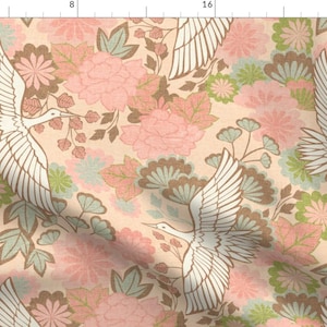 Weathered Coral Cranes Fabric - Cranes And Chrysanthemums Spring By Ceciliamok - Asian Inspired Cotton Fabric By The Yard With Spoonflower