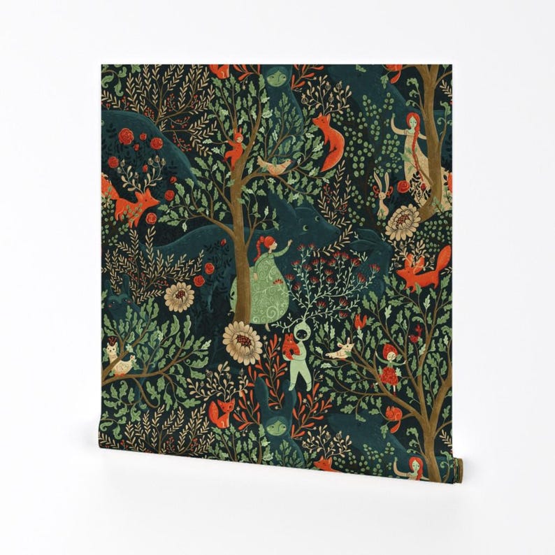 Fairy Tale Removable Peel and Stick Wallpaper - Enchanted Forest Foxes - Wall Art Wall Decor - Whimsical Wonderland by gaiamarfurt image 2