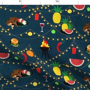 Cookout Fabric -Summer Evening Barbecue By Dessineo- Cookout Food Grill Wine Summer String Lights Cotton Fabric By The Yard With Spoonflower