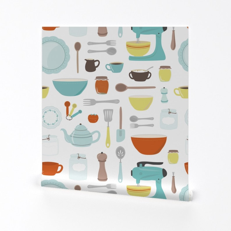 Vintage Kitchen Wallpaper - My Vintage Kitchen By Calobeedoodles- Retro Custom Printed Removable Self Adhesive Wallpaper Roll by Spoonflower image 2