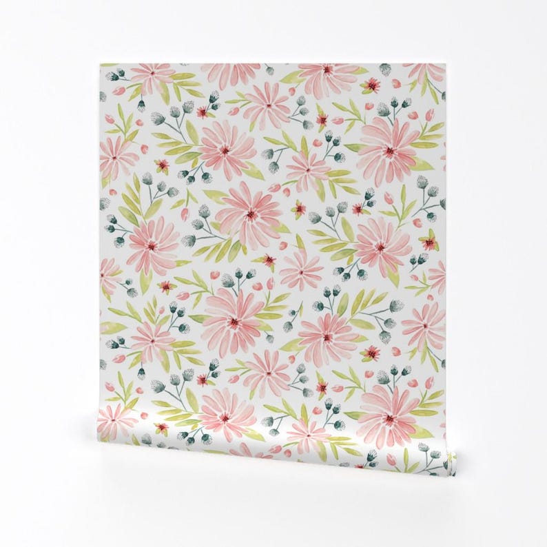 Floral Wallpaper - Amelia - Watercolor Floral Pink By Heatherdutton - Custom Printed Removable Self Adhesive Wallpaper Roll by Spoonflower image 2