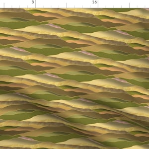 May include: Abstract pattern featuring a repeating design of layered, overlapping hills in shades of green, brown, and beige.