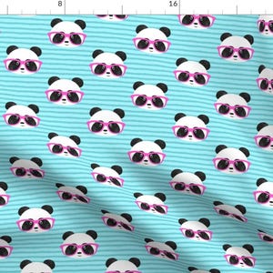 Panda Fabric - Pandas With Pink Glasses By Littlearrowdesign - Panda Glasses Blue Pink Stripe Cotton Fabric By The Yard With Spoonflower