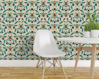 Honeybees Peel and Stick Wallpaper - Nature Spring Bees Garden Bee Beige - Removable Wall Decor Art - Spring Time Bee by cassandra_oleary