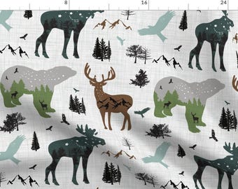 May include: A white background with a repeating pattern of woodland animals and trees. The animals are outlined in black and filled with a gradient of green, brown, and blue. The animals include a moose, a deer, a bear, and a elk. The trees are a variety of green and brown.